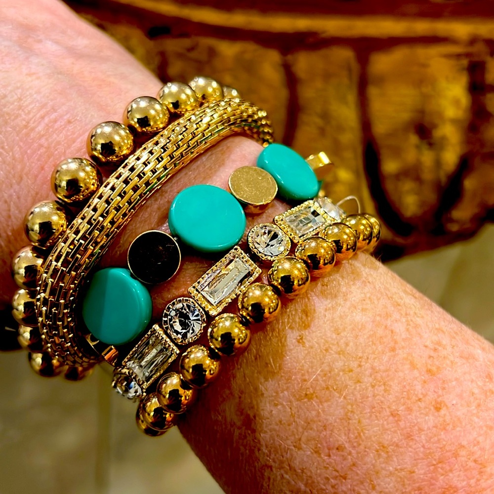 Ny&C stacked bracelets gold, bling, & turquoise. Stretchy bracelets J26